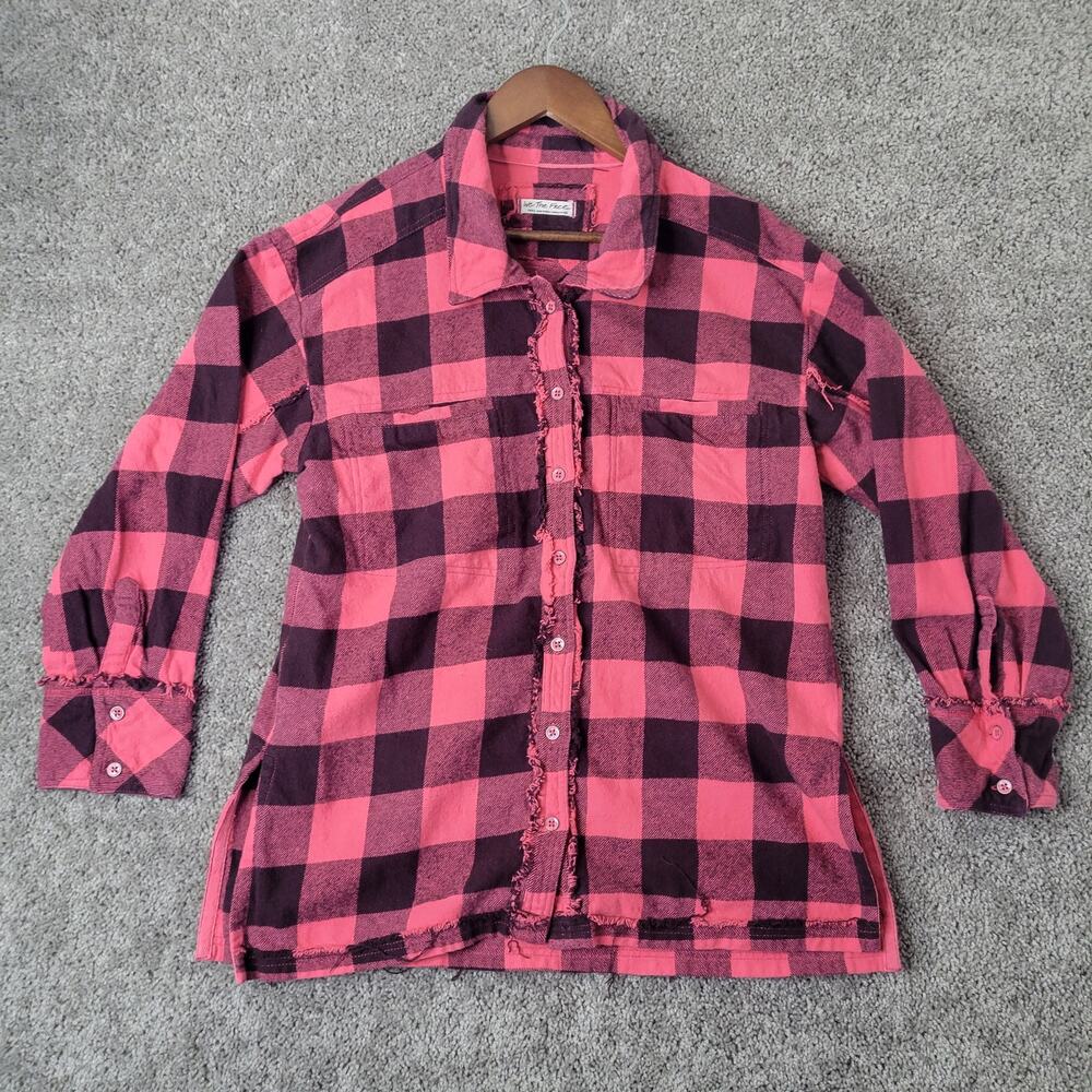 We the Free Oversized Pink Raw Hem Button Down Plaid Shirt Size Small